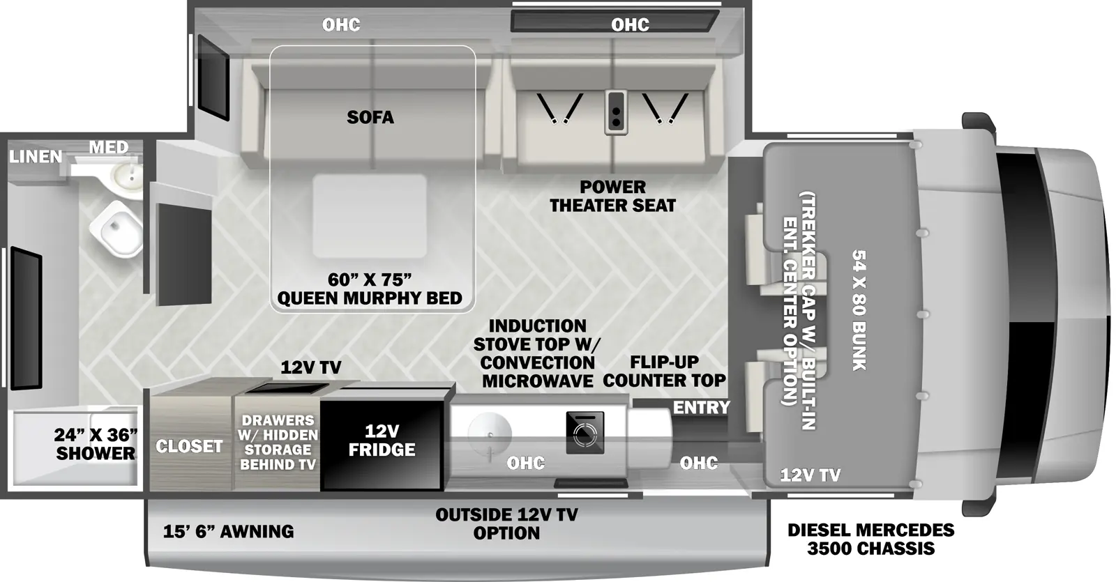 The 2400T is a class c with one slideout and one entry door. Exterior features a 15 foot 6 inch awning, and an optional 12 volt outside TV. Interior layout front to back: front cab with cab over bunk; off-door side slideout with power theater seating, queen murphy bed sofa, and overhead cabinets; door side entry, overhead cabinets, induction stove top with convection microwave, countertop with flip-up countertop extension, sink, 12 volt refrigerator, 12 volt TV with drawers and hidden storage behind, and closet; rear bathroom with linen cabinet. Optional Trekker cap with built-in entertainment center in place of cab over bunk.